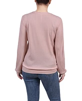 Ny Collection Petite Long Sleeve Ribbed Imitation Pearl Trimmed Top