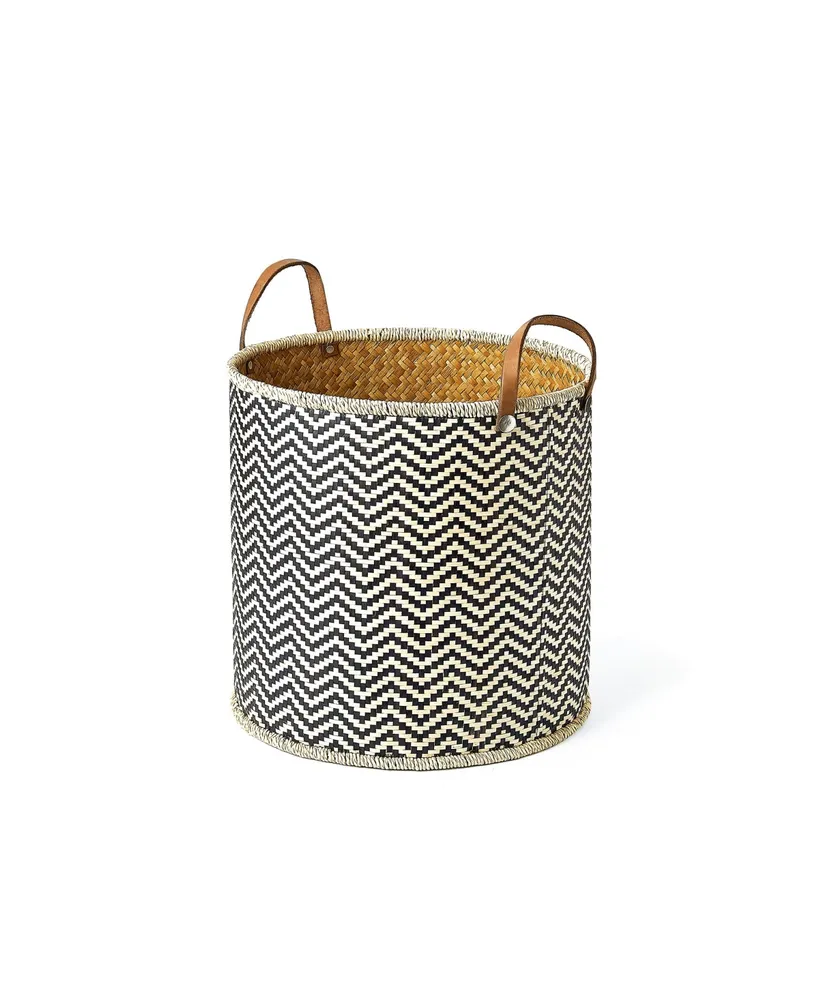 Baum Round Palm Leaf Woven Baskets with Faux Leather Handles, Set of 3
