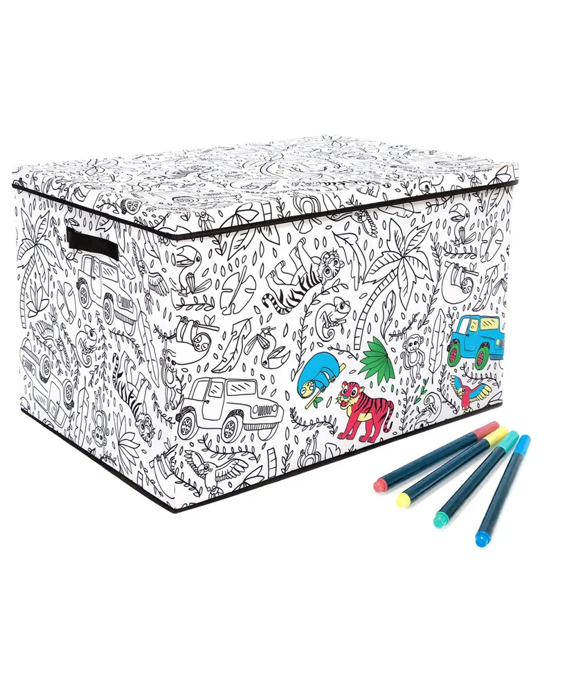 Baum Kid's Coloring Jungle Print Large Lidded Trunk with Removable Divider  and 4 Washable Markers Set