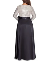 Xscape Plus Sequin-Top Solid-Skirt V-Neck Ball Gown