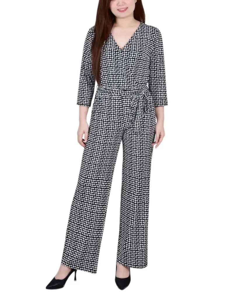 Ny Collection Petite 3/4 Sleeve Printed Belted Jumpsuit