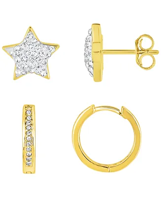 And Now This 2 Pair Crystal Hinged Hoop and Crystal Pave Star Stud Gold-Plated Earring Set - Gold