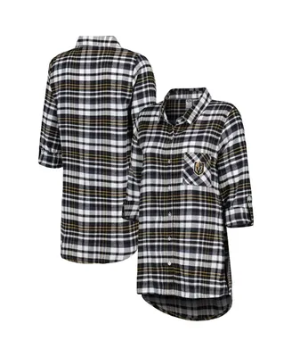Women's Concepts Sport Black Vegas Golden Knights Mainstay Flannel Full-Button Three-Quarter Sleeve Nightshirt