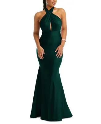 Cynthia & Sahar Women's Criss Cross Halter Open-Back Stretch Satin Mermaid Dress