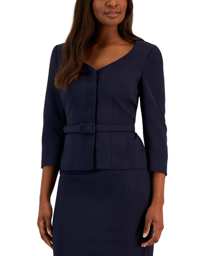 Le Suit Women's Belted Jacket 3/4-Sleeve Skirt Suit