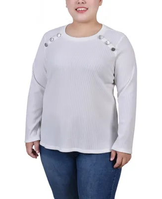 Ny Collection Plus Long Sleeve Ribbed Button Detail Top