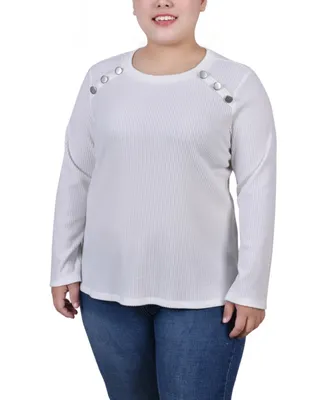 Ny Collection Plus Size Long Sleeve Ribbed Button Detail Top