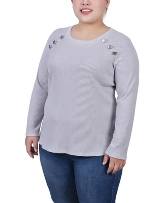 Ny Collection Plus Size Long Sleeve Ribbed Button Detail Top