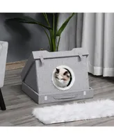 PawHut Cat House Foldable Kitten Condo Pet Bed w/ Soft Cushion Scratching Pad