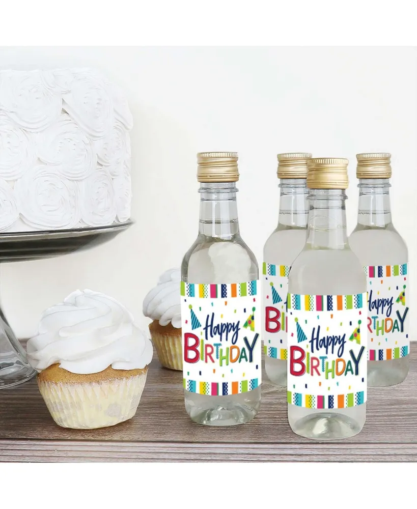 Cheerful Happy Birthday - Mini Wine Bottle Stickers - Colorful Favor Gift 16 Ct