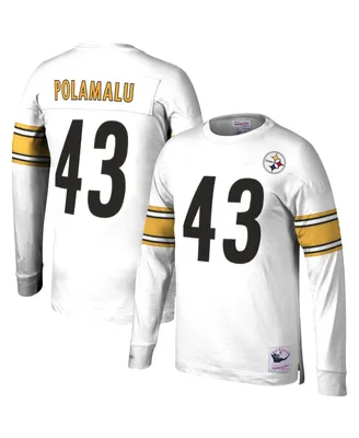 Men's Mitchell & Ness Troy Polamalu White Pittsburgh Steelers Retired Player Name and Number Long Sleeve T-Shirt