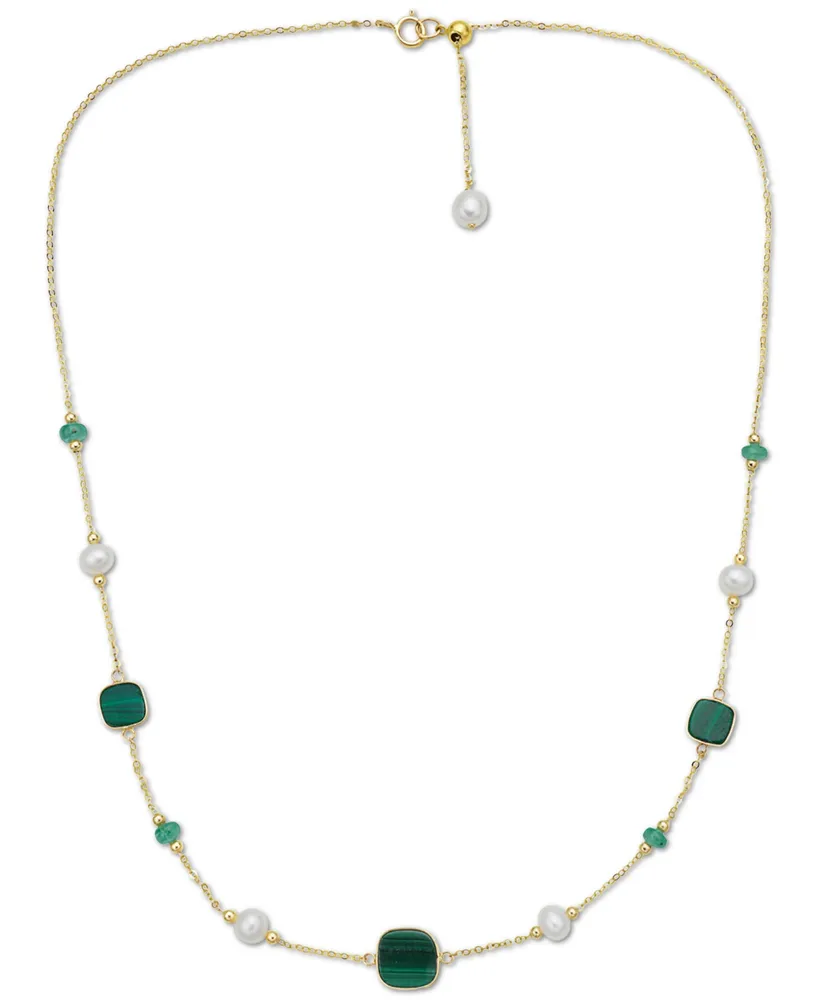 Effy Freshwater Pearl (4-1/2mm), Malachite, & Emerald (1/2 ct. t.w.) 17" Collar Necklace in 14k Gold