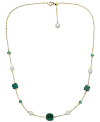 Effy Freshwater Pearl (4-1/2mm), Malachite, & Emerald (1/2 ct. t.w.) 17" Collar Necklace in 14k Gold
