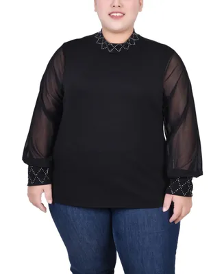 Ny Collection Plus Size Long Mesh Sleeve Pullover Top with Jewels