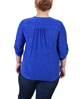 Ny Collection Plus Size 3/4 Roll Tab Zip Front Jacquard Knit Top