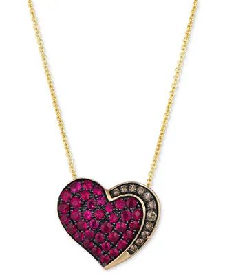 Le Vian Godiva x Le Vian Strawberry and Chocolate Heart Pendant Necklace Featuring Passion Ruby (3/4 ct. t.w.) & Chocolate Diamond (1/10 ct. t.w.) in