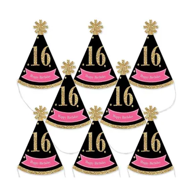 Chic 16th Birthday - Pink, Black & Gold - Mini Cone Small Party Hats - Set of 8