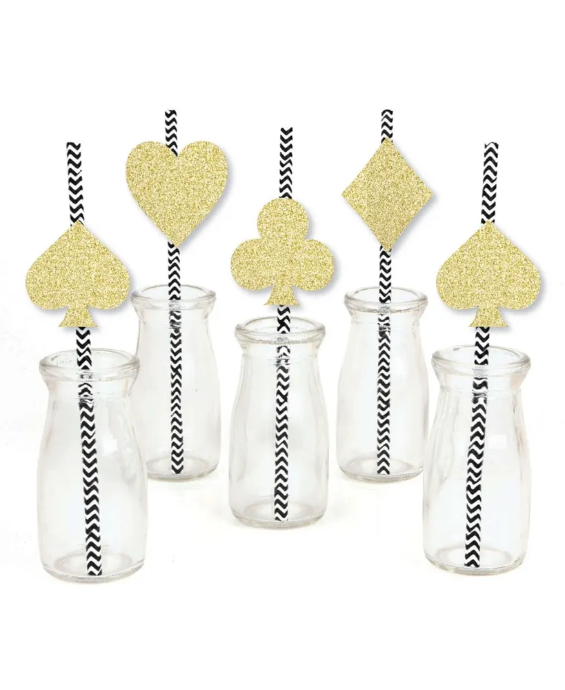 Gold Glitter Card Suits Straws No-Mess Cut-Outs & Decorative Paper Straws 24 Ct