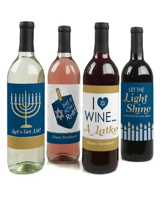 Happy Hanukkah - Chanukah Decor - Wine Bottle Label Stickers - 4 Ct