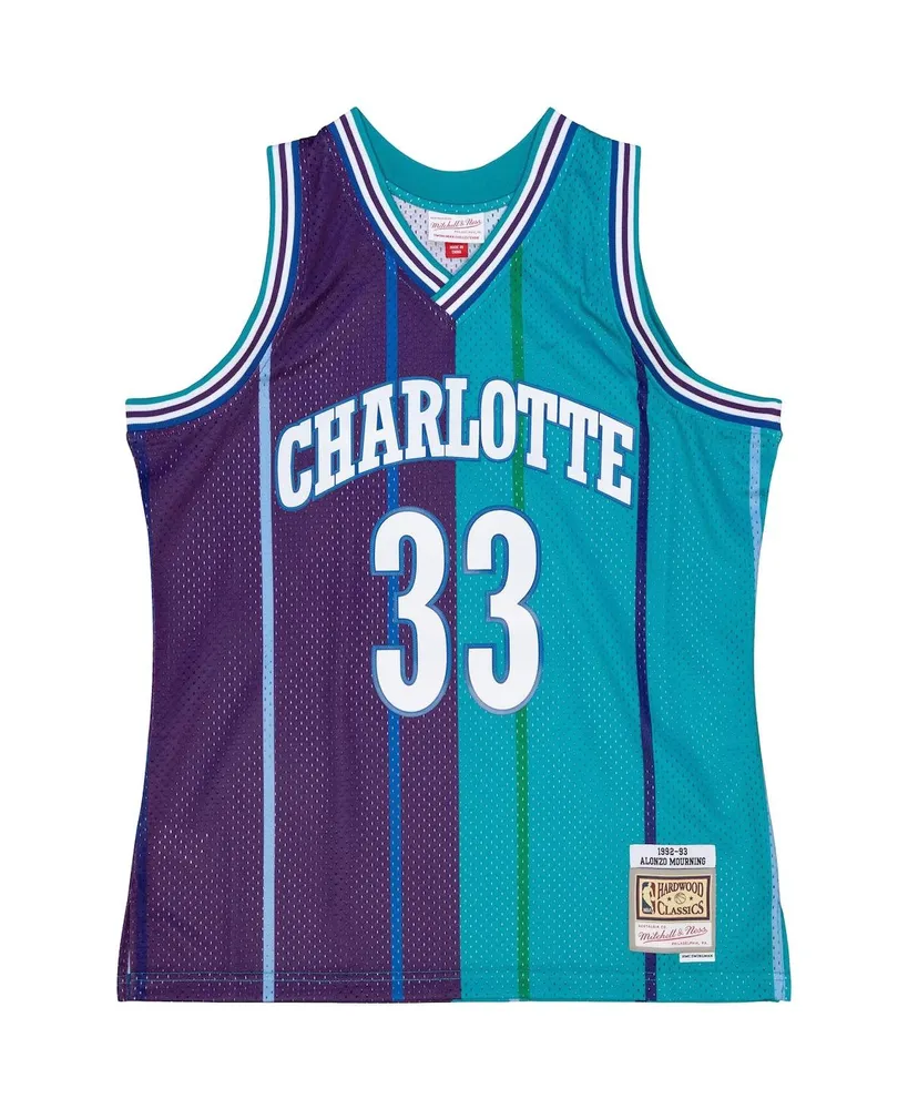 Men's Mitchell & Ness Alonzo Mourning Teal, Purple Charlotte Hornets Hardwood Classics 1992-93 Split Swingman Jersey