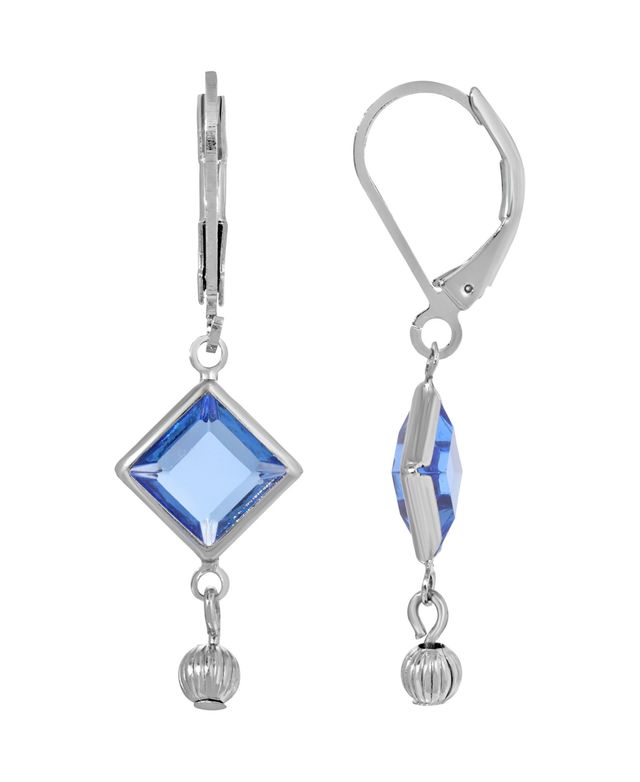 2028 Women's Silver-Tone Light Blue Crystal Square Drop Earrings