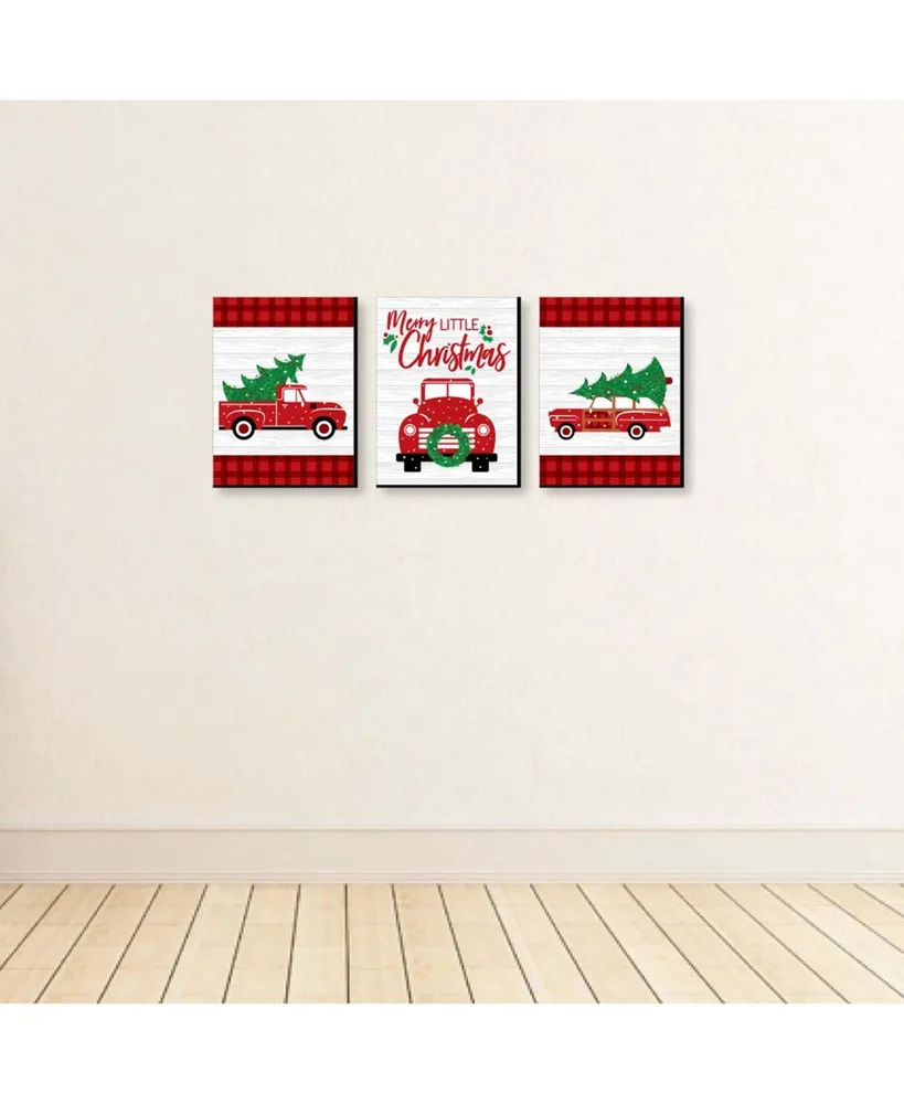 Merry Little Christmas Tree - Red Truck Wall Art Decor - 7.5 x 10 in - Set of 3