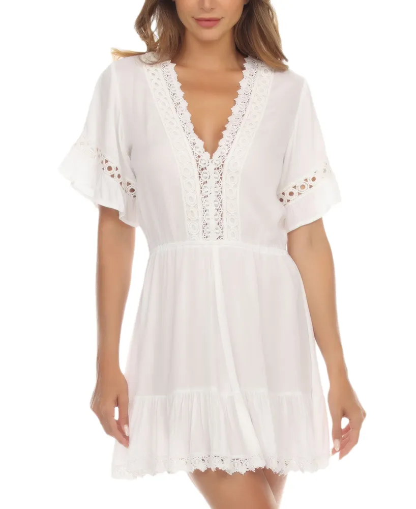 Raviya Women's V-Neck Short-Sleeve Lace-Trim Dress Cover-Up