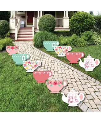 Big Dot of Happiness Floral Let's Par-Tea - Lawn Decor - Outdoor Garden Tea Party Yard Decor - 10 Pc