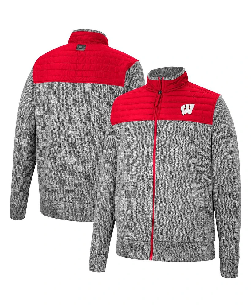 Men's Colosseum Charcoal, Red Wisconsin Badgers Putter Herringbone Full-Zip Jacket