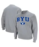 Men's Colosseum Heathered Gray Byu Cougars Team Arch & Logo Tackle Twill Pullover Sweatshirt