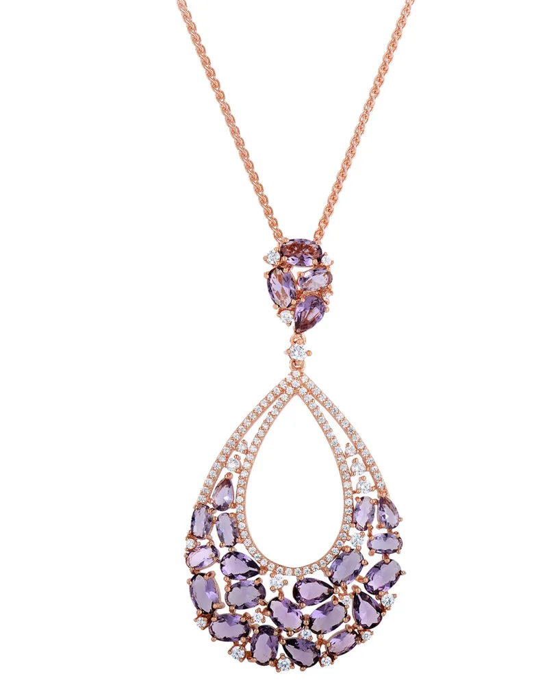 Purple & White Cubic Zirconia Teardrop 18" Pendant Necklace in 14k Rose Gold-Plated Sterling Silver