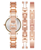 Anne Klein Women's Rose Gold-Tone Alloy Bangle with White Enamel and Crystal Accents Fashion Watch 33mm Set 3 Pieces