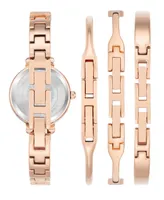 Anne Klein Women's Rose Gold-Tone Alloy Bangle with Navy Enamel and Crystal Accents Fashion Watch 33.5mm Set 4 Pieces