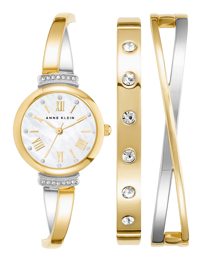 Anne Klein Women's Gold-Tone and Silver-Tone Alloy Bangle with Crystal Accents Fashion Watch 33mm Set 3 Pieces