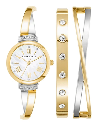 Anne Klein Women's Gold-Tone and Silver-Tone Alloy Bangle with Crystal Accents Fashion Watch 33mm Set 3 Pieces