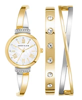 Anne Klein Women's Gold-Tone and Silver-Tone Alloy Bangle with Crystal Accents Fashion Watch 33mm Set 3 Pieces