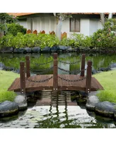 Outsunny Wooden Garden Bridge Stained Finish Walkway with Metal Chain Railings