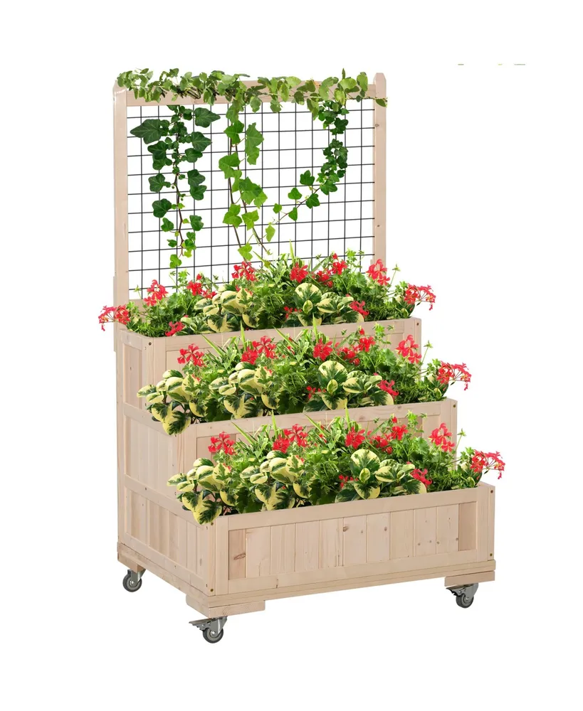 3-Tiers Wooden Raised Garden Bed Trellis, Back Storage Area