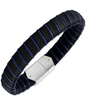 Esquire Men's Jewelry Woven Black & Blue Leather Bracelet in Sterling Silver, Created for Macy's