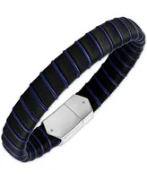 Esquire Men's Jewelry Woven Black & Blue Leather Bracelet in Sterling Silver, Created for Macy's