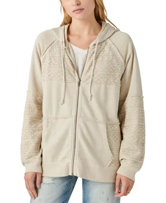 Lucky Brand Cotton Lace Panel Zip Up Hoodie Sweatshirt