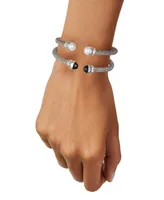 2-Pc. Set Cultured Freshwater Pearl (8 1/4 - 8 1/2mm) & Onyx Popcorn Cuff Bangle Bracelets in Sterling Silver