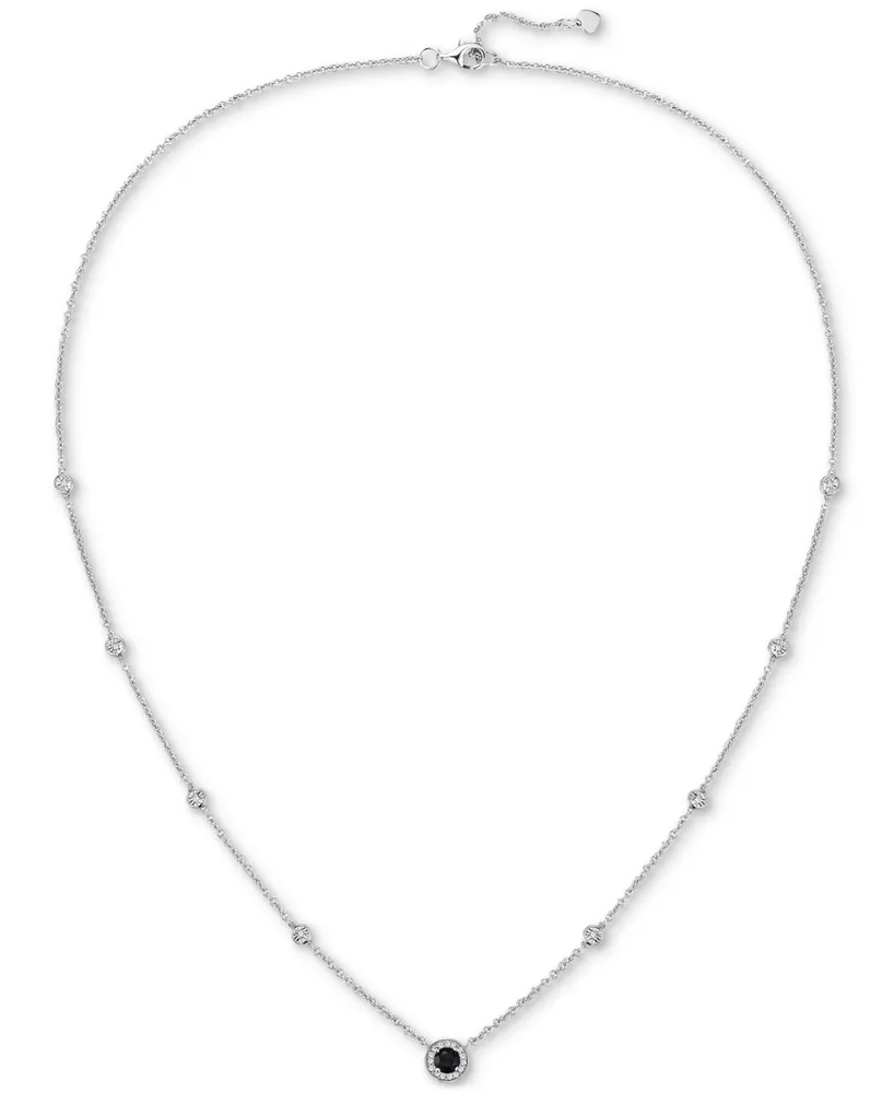 Onyx (4mm) & Diamond (1/10 ct. t.w.) Halo Pendant Necklace in Sterling Silver, 17" + 1" extender (Also available in Cultured Freshwater Pearl)