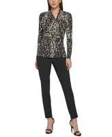 Dkny Women's Animal Print Matte Jersey Faux Wrap Top