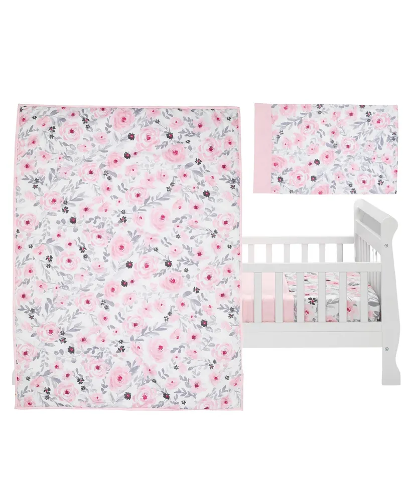 Bedtime Originals Toddler Blossom 4-Piece Pink/Gray Watercolor Floral Bedding Set