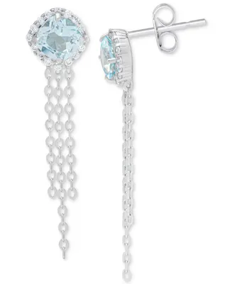 Blue Topaz (1-1/4 ct. t.w.) & Lab grown White Sapphire (1/6 ct. t.w.) Cushion Halo Chain Drop Earrings in Sterling Silver