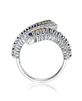 Genevive Elegant Sterling Silver Bypass Ring with Rhodium Plating and Blue Cubic Zirconia