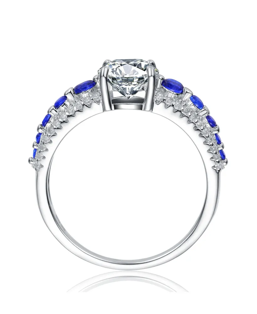 Genevive Sterling Silver Rhodium Plated with Sapphire Cubic Zirconia Engagement Ring