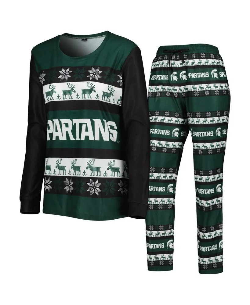 Women's Foco Green Michigan State Spartans Ugly Long Sleeve T-shirt and Pajama Pants Sleep Set