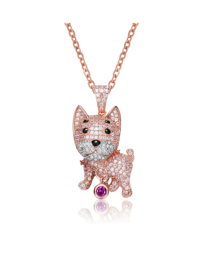 Genevive Sterling Silver Rhodium and 18K Gold Plated Enamel and Cubic Zirconia Cat Pendant